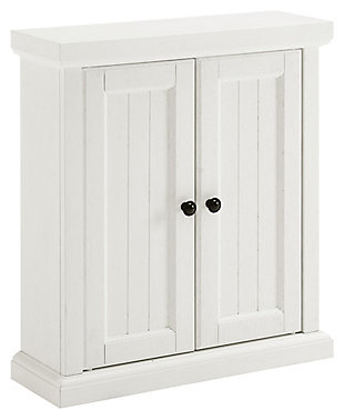 Bring a sense of order to your bathroom with this chic wall cabinet. Designed to add much-needed bathroom storage, its beadboard panel doors and roomy cabinet provide an elegant use of space. At home in the tightest or most spacious bath, its compact size allows you to live large in small places.Pine frame | White finish | Metal hardware with gunmetal finish | Double door cabinet space with 2 adjustable shelves | Ready to hang | Assembly required