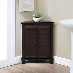 Bring a sense of order to your bathroom with this chic corner cabinet. Designed to add much-needed bathroom storage, its cottage styling and adjustable shelving provide an elegant use of space. At home in the tightest or most spacious bath, its compact footprint allows you to live large in small places.Pine frame | Espresso finish | Double door cabinet with louvered detail and metal hardware | 2 adjustable shelves | Assembly required