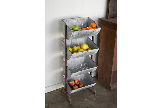 This four-tiered perforated metal tower comes with display spaces that are functional as well as appealing to the eyes. With a robust metal frame construction, this chic piece is ideal for spaces such as the kitchen and dining room, and the perforated details add an unexpected twist!Made of metal | 4 galvanized storage bins | No assembly required