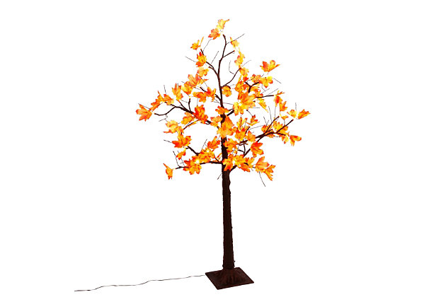 A great accent to any decor, use this electric maple leaf tree to add light to your seasonal home. This tree, with 48 bright white LED lights that shine among the leaves, provides an elegant appearance. Just the right size for apartments and entryways, there is no limit to what you can do with this accent tree.Made of plastic and wire | Metal base | Indoor use only | Power cord included; ul listed | No assembly required