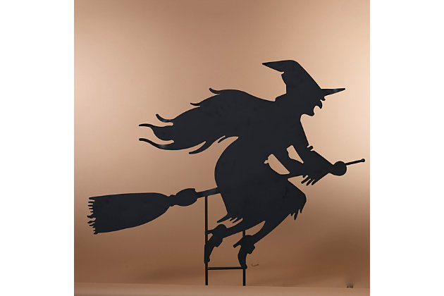 Create your own personal haunted yard that's sure to give trick-or-treaters a pleasant scare.This large, spooky witch silhouette yard stake will cast haunting shadows when placed behind a set of light stakes. The witch holds fast to her broom as she flies through the Halloween season. Use alone or with additional Halloween yard art.Made of metal | Black finish | No assembly required