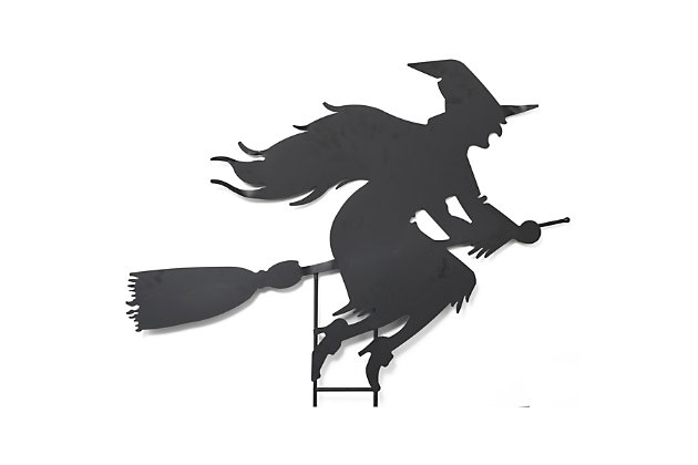 Create your own personal haunted yard that's sure to give trick-or-treaters a pleasant scare.This large, spooky witch silhouette yard stake will cast haunting shadows when placed behind a set of light stakes. The witch holds fast to her broom as she flies through the Halloween season. Use alone or with additional Halloween yard art.Made of metal | Black finish | No assembly required