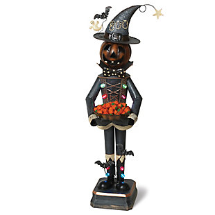 What screams Halloween? Creepy statues and candy. Use Mr. Pumpkin to pass out candy for trick-or-treaters or have him serve up sweets around the house. With LED lights on his chest and boots and donning a wicked jack-o-lantern grin, Mr. Pumpkin will add his own brand of magic to the spooktacular show.Made of metal | Powered by 3 AA batteries (not included) | Indoor or covered outdoor use | No assembly required
