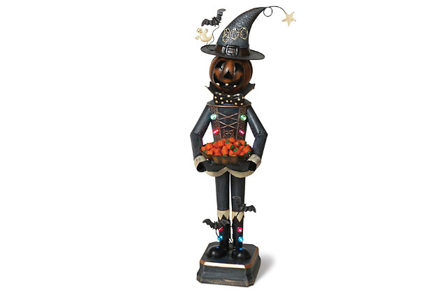 What screams Halloween? Creepy statues and candy. Use Mr. Pumpkin to pass out candy for trick-or-treaters or have him serve up sweets around the house. With LED lights on his chest and boots and donning a wicked jack-o-lantern grin, Mr. Pumpkin will add his own brand of magic to the spooktacular show.Made of metal | Powered by 3 AA batteries (not included) | Indoor or covered outdoor use | No assembly required