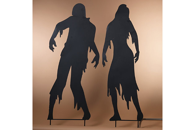 Create your very own haunted yard, and give trick-or-treaters a pleasant scare. These life-size zombie silhouette yard stakes will cast haunting shadows when placed behind a set of light stakes. Post the zombies alone or with additional Halloween yard art for a spooktacular effect.Set of 2 | Made of metal | Outdoor use only | No assembly required