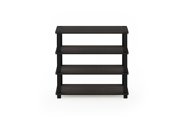 This multi-purpose storage rack has four tiers to neatly organize shoes and keep your space clutter free. With no hassle assembly, this durable and efficient piece of furniture can be fun for kids and parents to assemble as a DIY project, since no tools or screws are involved, making assembly a totally safe family project.Made of engineered wood and vinyl | Espresso and black | 4 tiers | Easy assembly (no tools required)