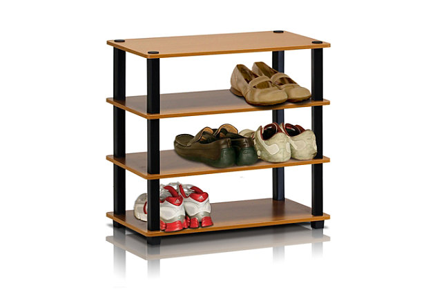 This multi-purpose storage rack has four tiers to neatly organize shoes and keep your space clutter free. With no hassle assembly, this durable and efficient piece of furniture can be fun for kids and parents to assemble as a DIY project, since no tools or screws are involved, making assembly a totally safe family project.Made of engineered wood and vinyl | Dark cherry and black | 4 tiers | Easy assembly (no tools required)