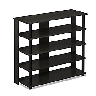 This multi-storage shoe rack has five tiers to neatly organize shoes and keep your space clutter free. With added support panels to enhance the stability and durability, this storage rack can neatly accommodate up to 13 pairs of shoes, putting your fashion footwear at your fingertips.Made of engineered wood and vinyl | Espresso and black | 5 tiers | Easy assembly