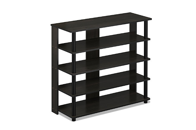 This multi-storage shoe rack has five tiers to neatly organize shoes and keep your space clutter free. With added support panels to enhance the stability and durability, this storage rack can neatly accommodate up to 13 pairs of shoes, putting your fashion footwear at your fingertips.Made of engineered wood and vinyl | Espresso and black | 5 tiers | Easy assembly