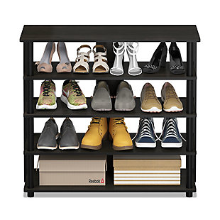 This multi-storage shoe rack has five tiers to neatly organize shoes and keep your space clutter free. With added support panels to enhance the stability and durability, this storage rack can neatly accommodate up to 13 pairs of shoes, putting your fashion footwear at your fingertips.Made of engineered wood and vinyl | Espresso and black | 5 tiers | Easy assembly | Ships directly from third party vendor. See Warranty Information page for terms & conditions.