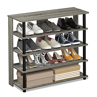 This multi-storage shoe rack has five tiers to neatly organize shoes and keep your space clutter free. With added support panels to enhance the stability and durability, this storage rack can neatly accommodate up to 13 pairs of shoes, putting your fashion footwear at your fingertips.Made of engineered wood and vinyl | French oak gray and black | 5 tiers | Easy assembly