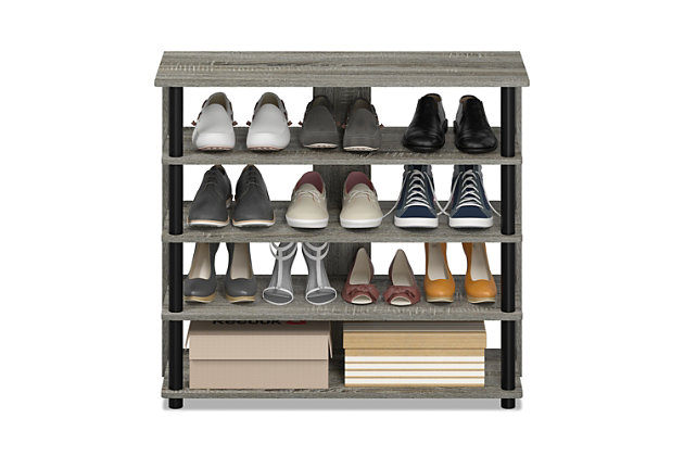 This multi-storage shoe rack has five tiers to neatly organize shoes and keep your space clutter free. With added support panels to enhance the stability and durability, this storage rack can neatly accommodate up to 13 pairs of shoes, putting your fashion footwear at your fingertips.Made of engineered wood and vinyl | French oak gray and black | 5 tiers | Easy assembly