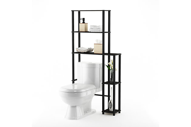 Solve all your bathroom organizational needs with this convenient bath tower. Styled with clean lines for a modern look, this engineered wood and PVC unit is a delightful addition to any bathroom. Complete with easy turn-and-tube assembly, this toilet spacesaver provides ample storage while keeping everything within arm’s reach. Multiple shelves provide loads of possibilities.Made of engineered wood and pvc pipe | Gray shelves and espresso frame | 5 shelves | Open shelf design | Fits over most standard toilets | Clean with damp cloth | Easy assembly with provided hardware