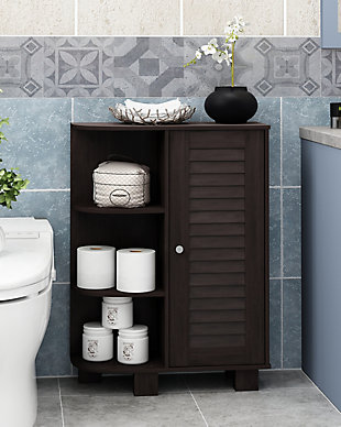 Bring a sense of order to your bathroom with this striking bathroom storage piece. Styled with clean lines for a modern look, this engineered wood cabinet is a delightful addition to any room. Complete with a combination of open and cabinet storage, it’s ideal for those smaller spaces that need organization.Made of engineered wood | Espresso finish | Louvered door cabinet with adjustable shelf | 3 corner shelves; open shelf design | Clean with damp cloth | Easy assembly with provided hardware
