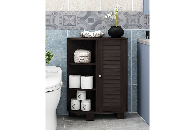 Bring a sense of order to your bathroom with this striking bathroom storage piece. Styled with clean lines for a modern look, this engineered wood cabinet is a delightful addition to any room. Complete with a combination of open and cabinet storage, it’s ideal for those smaller spaces that need organization.Made of engineered wood | Espresso finish | Louvered door cabinet with adjustable shelf | 3 corner shelves; open shelf design | Clean with damp cloth | Easy assembly with provided hardware