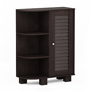 Bring a sense of order to your bathroom with this stri bathroom storage piece. Styled with clean lines for a modern look, this engineered wood cabinet is a delightful addition to any room. Complete with a combination of open and cabinet storage, it’s ideal for those er spaces that need organization.Made of engineered wood | Espresso finish | Louvered door cabinet with adjustable shelf | 3 corner shelves; open shelf design | Clean with damp cloth | Easy assembly with provided hardware