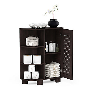 Bring a sense of order to your bathroom with this stri bathroom storage piece. Styled with clean lines for a modern look, this engineered wood cabinet is a delightful addition to any room. Complete with a combination of open and cabinet storage, it’s ideal for those er spaces that need organization.Made of engineered wood | Espresso finish | Louvered door cabinet with adjustable shelf | 3 corner shelves; open shelf design | Clean with damp cloth | Easy assembly with provided hardware