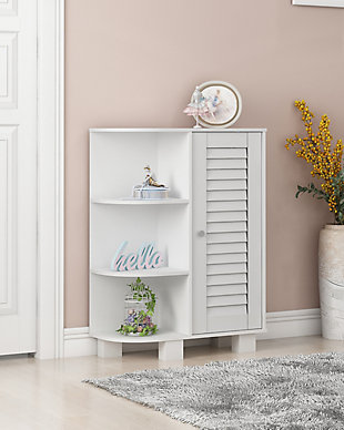 Bring a sense of order to your bathroom with this striking bathroom storage piece. Styled with clean lines for a modern look, this engineered wood cabinet is a delightful addition to any room. Complete with a combination of open and cabinet storage, it’s ideal for those smaller spaces that need organization.Made of engineered wood | White finish | Louvered door cabinet with adjustable shelf | 3 corner shelves; open shelf design | Clean with damp cloth | Easy assembly with provided hardware