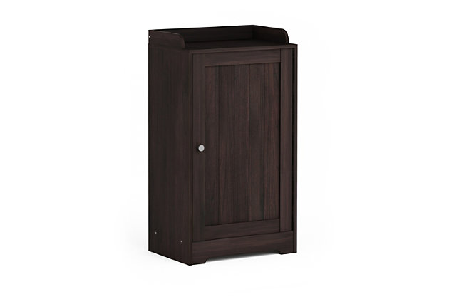 Bring a sense of order to your bathroom with this stri bathroom storage piece. Styled with clean lines for a modern look, this engineered wood cabinet is a delightful addition to any room. Complete with a combination of top display space and cabinet storage, it’s ideal for those er bathrooms that need organization.Made of engineered wood | Espresso finish | Beadboard door cabinet with adjustable shelf | Top display surface with gallery rail | Clean with damp cloth | Easy assembly with provided hardware