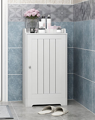 Bring a sense of order to your bathroom with this striking bathroom storage piece. Styled with clean lines for a modern look, this engineered wood cabinet is a delightful addition to any room. Complete with a combination of top display space and cabinet storage, it’s ideal for those smaller bathrooms that need organization.Made of engineered wood | White finish | Beadboard door cabinet with adjustable shelf | Top display surface with gallery rail | Clean with damp cloth | Easy assembly with provided hardware
