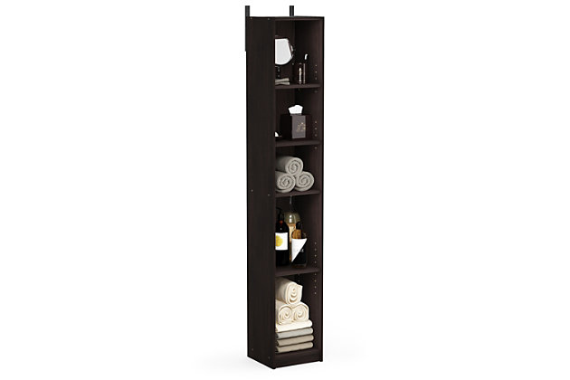 Bring a sense of order to your bathroom with this striking bathroom storage piece. Styled with clean lines for a modern look, this engineered wood storage tower is a delightful addition to any room. Complete with a small footprint but plenty of vertical storage, it’s ideal for those smaller bathrooms that need organization.Made of engineered wood | Espresso finish | 5 shelves | Open shelf design | Clean with damp cloth | Easy assembly with provided hardware