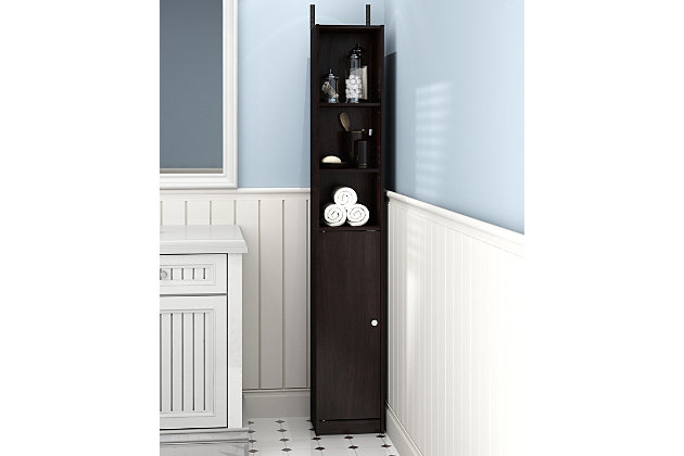 Bring a sense of order to your bathroom with this stri bathroom storage piece. Styled with clean lines for a modern look, this engineered wood storage tower is a delightful addition to any room. Complete with a combination of open and cabinet storage, it’s ideal for those er bathrooms that need organization.Made of engineered wood | Espresso finish | 3 open shelves on top | Lower cabinet space with center shelf | Clean with damp cloth | Easy assembly with provided hardware