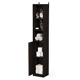 Bring a sense of order to your bathroom with this striking bathroom storage piece. Styled with clean lines for a modern look, this engineered wood storage tower is a delightful addition to any room. Complete with a combination of open and cabinet storage, it’s ideal for those smaller bathrooms that need organization.Made of engineered wood | Espresso finish | 3 open shelves on top | Lower cabinet space with center shelf | Clean with damp cloth | Easy assembly with provided hardware