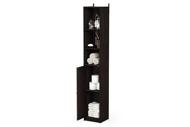 Bring a sense of order to your bathroom with this striking bathroom storage piece. Styled with clean lines for a modern look, this engineered wood storage tower is a delightful addition to any room. Complete with a combination of open and cabinet storage, it’s ideal for those smaller bathrooms that need organization.Made of engineered wood | Espresso finish | 3 open shelves on top | Lower cabinet space with center shelf | Clean with damp cloth | Easy assembly with provided hardware