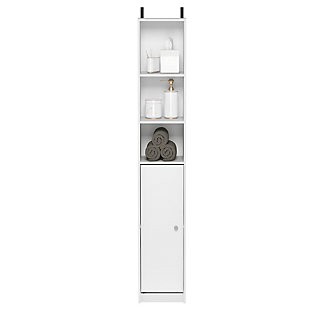 Bring a sense of order to your bathroom with this striking bathroom storage piece. Styled with clean lines for a modern look, this engineered wood storage tower is a delightful addition to any room. Complete with a combination of open and cabinet storage, it’s ideal for those smaller bathrooms that need organization.Made of engineered wood | White finish | 3 open shelves on top | Lower cabinet space with center shelf | Clean with damp cloth | Easy assembly with provided hardware