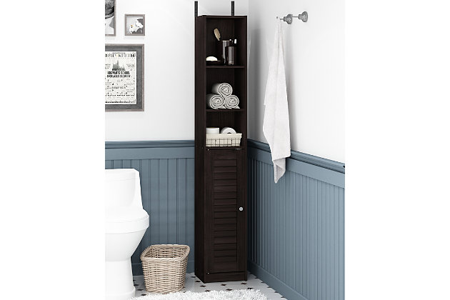 Bring a sense of order to your bathroom with this stri bathroom storage piece. Styled with clean lines for a modern look, this engineered wood storage tower is a delightful addition to any room. Complete with a combination of open and cabinet storage, it’s ideal for those er bathrooms that need organization.Made of engineered wood | Espresso finish | 3 open shelves on top | Louvered cabinet door with center shelf | Clean with damp cloth | Easy assembly with provided hardware