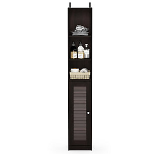 Bring a sense of order to your bathroom with this striking bathroom storage piece. Styled with clean lines for a modern look, this engineered wood storage tower is a delightful addition to any room. Complete with a combination of open and cabinet storage, it’s ideal for those smaller bathrooms that need organization.Made of engineered wood | Espresso finish | 3 open shelves on top | Louvered cabinet door with center shelf | Clean with damp cloth | Easy assembly with provided hardware