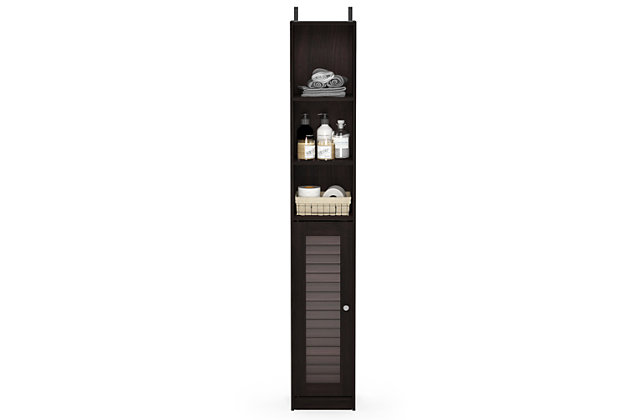 Bring a sense of order to your bathroom with this stri bathroom storage piece. Styled with clean lines for a modern look, this engineered wood storage tower is a delightful addition to any room. Complete with a combination of open and cabinet storage, it’s ideal for those er bathrooms that need organization.Made of engineered wood | Espresso finish | 3 open shelves on top | Louvered cabinet door with center shelf | Clean with damp cloth | Easy assembly with provided hardware