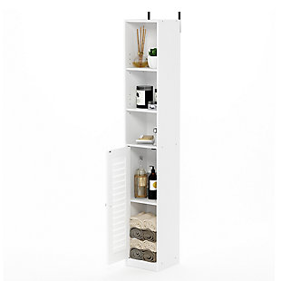 Bring a sense of order to your bathroom with this striking bathroom storage piece. Styled with clean lines for a modern look, this engineered wood storage tower is a delightful addition to any room. Complete with a combination of open and cabinet storage, it’s ideal for those smaller bathrooms that need organization.Made of engineered wood | White finish | 3 open shelves on top | Louvered cabinet door with center shelf | Clean with damp cloth | Easy assembly with provided hardware