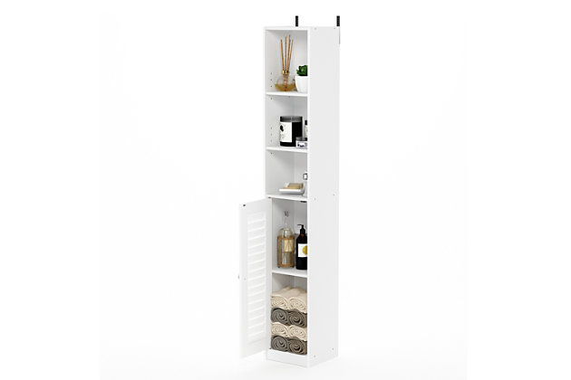Bring a sense of order to your bathroom with this striking bathroom storage piece. Styled with clean lines for a modern look, this engineered wood storage tower is a delightful addition to any room. Complete with a combination of open and cabinet storage, it’s ideal for those smaller bathrooms that need organization.Made of engineered wood | White finish | 3 open shelves on top | Louvered cabinet door with center shelf | Clean with damp cloth | Easy assembly with provided hardware