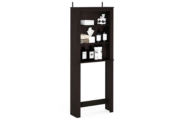 Bring a sense of order to your bathroom with this stri bathroom storage unit. Styled with clean lines for a modern look, this engineered wood spacesaver shelving unit is a delightful addition to any room. Designed to maximize storage over the toilet, it’s ideal for those er bathrooms that need organization.Made of engineered wood | Espresso finish | 3 open shelves | Fits over most standard toilets | Clean with damp cloth | Easy assembly with provided hardware