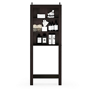 Bring a sense of order to your bathroom with this striking bathroom storage unit. Styled with clean lines for a modern look, this engineered wood spacesaver shelving unit is a delightful addition to any room. Designed to maximize storage over the toilet, it’s ideal for those smaller bathrooms that need organization.Made of engineered wood | Espresso finish | 3 open shelves | Fits over most standard toilets | Clean with damp cloth | Easy assembly with provided hardware