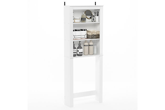 Bring a sense of order to your bathroom with this striking bathroom storage unit. Styled with clean lines for a modern look, this engineered wood spacesaver shelving unit is a delightful addition to any room. Designed to maximize storage over the toilet, it’s ideal for those smaller bathrooms that need organization.Made of engineered wood | White finish | 3 open shelves | Fits over most standard toilets | Clean with damp cloth | Easy assembly with provided hardware