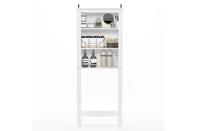 Bring a sense of order to your bathroom with this striking bathroom storage unit. Styled with clean lines for a modern look, this engineered wood spacesaver shelving unit is a delightful addition to any room. Designed to maximize storage over the toilet, it’s ideal for those smaller bathrooms that need organization.Made of engineered wood | White finish | 3 open shelves | Fits over most standard toilets | Clean with damp cloth | Easy assembly with provided hardware