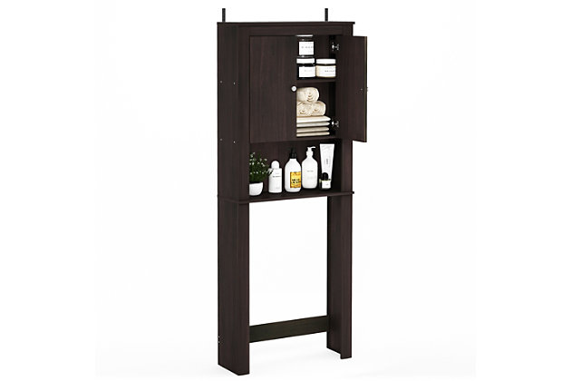 Bring a sense of order to your bathroom with this stri bathroom storage unit. Styled with clean lines for a modern look, this engineered wood spacesaver shelving unit is a delightful addition to any room. Designed to maximize storage over the toilet, it’s ideal for those er bathrooms that need organization.Made of engineered wood | Espresso finish | Double door cabinet with center shelf | Open display shelf | Fits over most standard toilets | Clean with damp cloth | Easy assembly with provided hardware