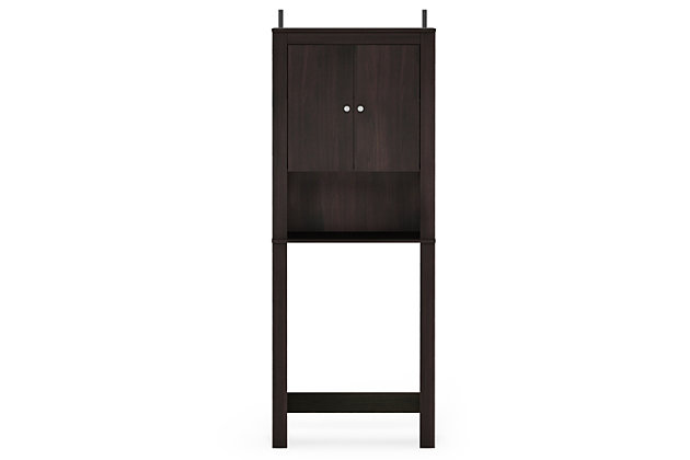 Bring a sense of order to your bathroom with this stri bathroom storage unit. Styled with clean lines for a modern look, this engineered wood spacesaver shelving unit is a delightful addition to any room. Designed to maximize storage over the toilet, it’s ideal for those er bathrooms that need organization.Made of engineered wood | Espresso finish | Double door cabinet with center shelf | Open display shelf | Fits over most standard toilets | Clean with damp cloth | Easy assembly with provided hardware