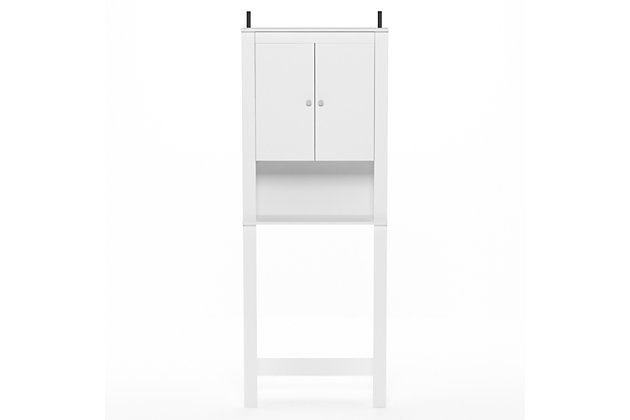 Bring a sense of order to your bathroom with this striking bathroom storage unit. Styled with clean lines for a modern look, this engineered wood spacesaver shelving unit is a delightful addition to any room. Designed to maximize storage over the toilet, it’s ideal for those smaller bathrooms that need organization.Made of engineered wood | White finish | Double door cabinet with center shelf | Open display shelf | Fits over most standard toilets | Clean with damp cloth | Easy assembly with provided hardware