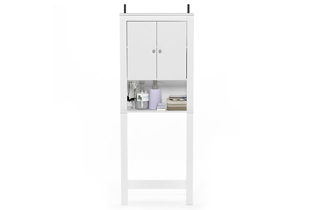 Bring a sense of order to your bathroom with this striking bathroom storage unit. Styled with clean lines for a modern look, this engineered wood spacesaver shelving unit is a delightful addition to any room. Designed to maximize storage over the toilet, it’s ideal for those smaller bathrooms that need organization.Made of engineered wood | White finish | Double door cabinet with center shelf | Open display shelf | Fits over most standard toilets | Clean with damp cloth | Easy assembly with provided hardware