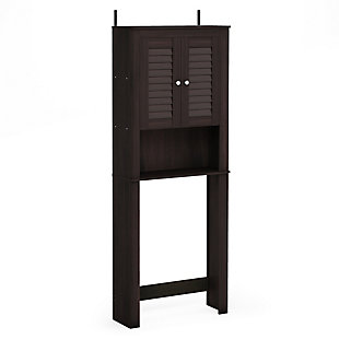 Bring a sense of order to your bathroom with this striking bathroom storage unit. Styled with clean lines for a modern look, this engineered wood spacesaver shelving unit is a delightful addition to any room. Designed to maximize storage over the toilet, it’s ideal for those smaller bathrooms that need organization.Made of engineered wood | Espresso finish | Louvered double door cabinet with center shelf | Open display shelf | Fits over most standard toilets | Clean with damp cloth | Easy assembly with provided hardware