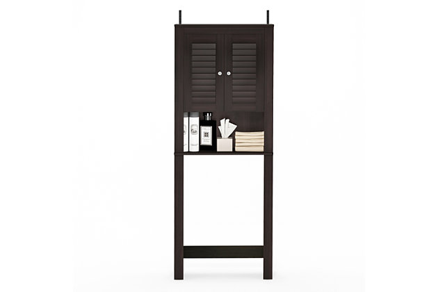 Bring a sense of order to your bathroom with this striking bathroom storage unit. Styled with clean lines for a modern look, this engineered wood spacesaver shelving unit is a delightful addition to any room. Designed to maximize storage over the toilet, it’s ideal for those smaller bathrooms that need organization.Made of engineered wood | Espresso finish | Louvered double door cabinet with center shelf | Open display shelf | Fits over most standard toilets | Clean with damp cloth | Easy assembly with provided hardware