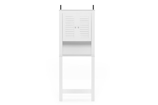Bring a sense of order to your bathroom with this striking bathroom storage unit. Styled with clean lines for a modern look, this engineered wood spacesaver shelving unit is a delightful addition to any room. Designed to maximize storage over the toilet, it’s ideal for those smaller bathrooms that need organization.Made of engineered wood | White finish | Louvered double door cabinet with center shelf | Open display shelf | Fits over most standard toilets | Clean with damp cloth | Easy assembly with provided hardware