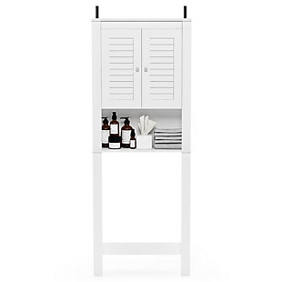Bring a sense of order to your bathroom with this striking bathroom storage unit. Styled with clean lines for a modern look, this engineered wood spacesaver shelving unit is a delightful addition to any room. Designed to maximize storage over the toilet, it’s ideal for those smaller bathrooms that need organization.Made of engineered wood | White finish | Louvered double door cabinet with center shelf | Open display shelf | Fits over most standard toilets | Clean with damp cloth | Easy assembly with provided hardware