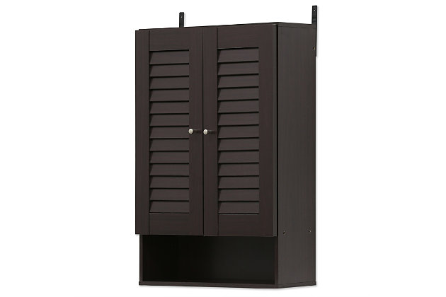 Bring a sense of order to your bathroom with this striking bathroom storage unit. Styled with clean lines for a modern look, this engineered wood wall cabinet is a delightful addition to any room. Designed to maximize storage without taking up valuable floor space, it’s ideal for those smaller bathrooms that need organization.Made of engineered wood | Espresso finish | Louvered double door cabinet with center shelf | Open display shelf | Ready to hang | Clean with damp cloth | Easy assembly with provided hardware