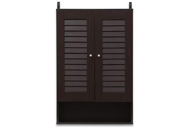 Bring a sense of order to your bathroom with this striking bathroom storage unit. Styled with clean lines for a modern look, this engineered wood wall cabinet is a delightful addition to any room. Designed to maximize storage without taking up valuable floor space, it’s ideal for those smaller bathrooms that need organization.Made of engineered wood | Espresso finish | Louvered double door cabinet with center shelf | Open display shelf | Ready to hang | Clean with damp cloth | Easy assembly with provided hardware