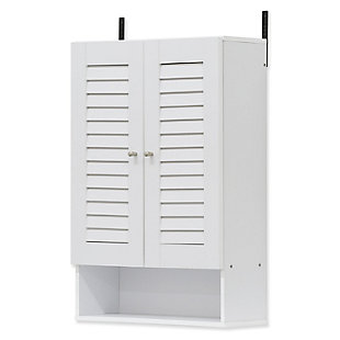 Bring a sense of order to your bathroom with this striking bathroom storage unit. Styled with clean lines for a modern look, this engineered wood wall cabinet is a delightful addition to any room. Designed to maximize storage without taking up valuable floor space, it’s ideal for those smaller bathrooms that need organization.Made of engineered wood | White finish | Louvered double door cabinet with center shelf | Open display shelf | Ready to hang | Clean with damp cloth | Easy assembly with provided hardware
