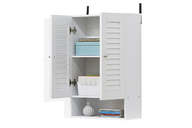 Bring a sense of order to your bathroom with this striking bathroom storage unit. Styled with clean lines for a modern look, this engineered wood wall cabinet is a delightful addition to any room. Designed to maximize storage without taking up valuable floor space, it’s ideal for those smaller bathrooms that need organization.Made of engineered wood | White finish | Louvered double door cabinet with center shelf | Open display shelf | Ready to hang | Clean with damp cloth | Easy assembly with provided hardware